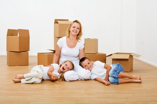 Packed boxes and furniture in temporary storage